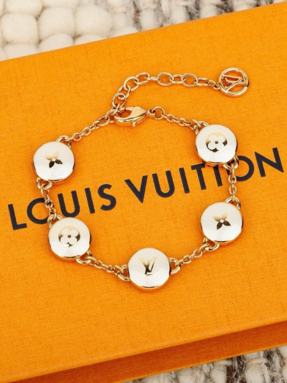 Louis Vuitton Gold-Tone White Enamel Monogram Coin Bracelet